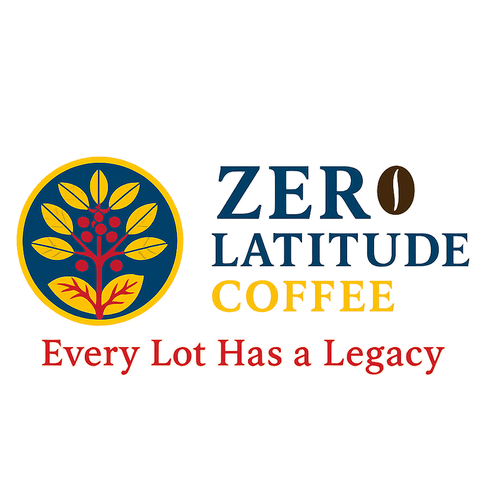 Zero Latitude Coffee logo featuring a golden coffee plant with red cherries and a coffee bean symbolizing Ecuador’s origin and quality.