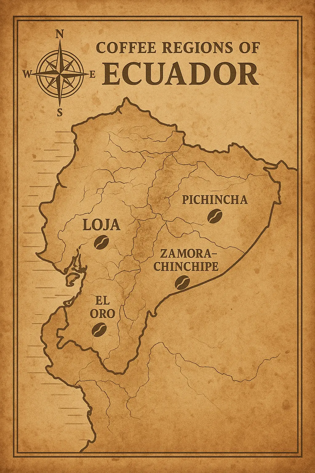 Vintage-style map showing the main coffee regions of Ecuador, including Loja, Pichincha, El Oro, and Zamora-Chinchipe.