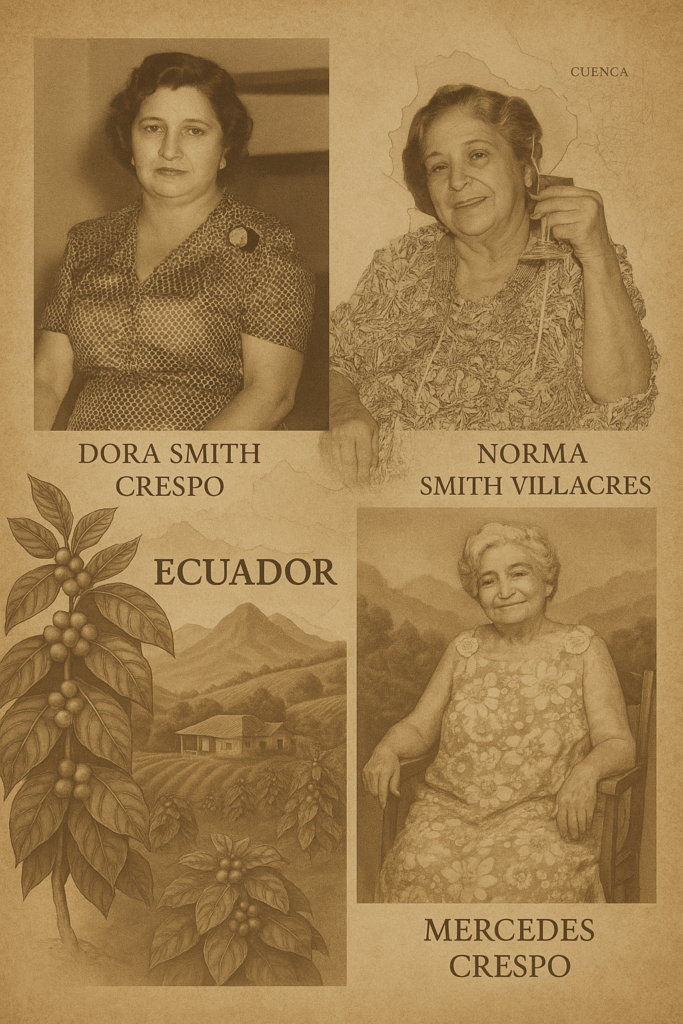 Sepia-toned family heritage collage featuring Dora Smith Crespo, Norma Smith Villacres, Mercedes Crespo, and Ecuadorian coffee farm artwork.