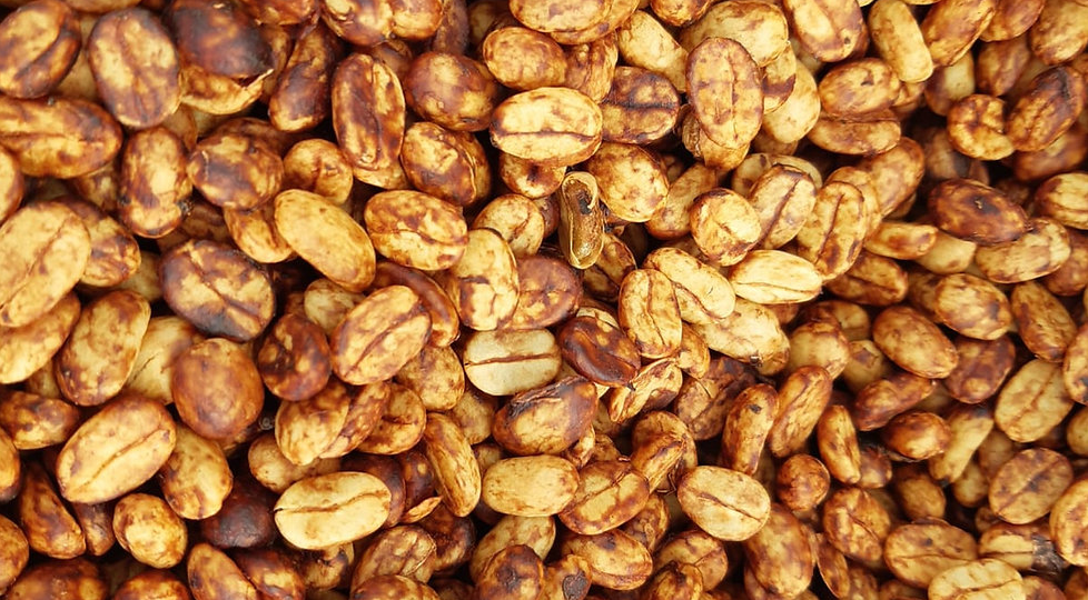 Close-up of honey-style processed coffee beans showing mottled coloration