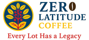 Zero Latitude Coffee logo featuring a golden coffee plant with red cherries and a coffee bean symbolizing Ecuador’s origin and quality.