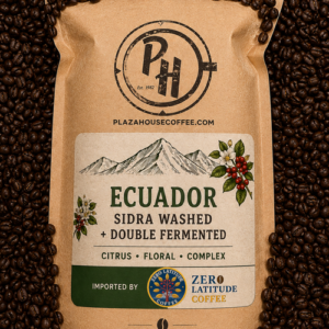 Ecuador Sidra Washed and Double Fermented coffee bag from Plaza House Coffee.