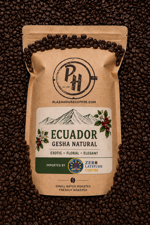 Ecuador Gesha Natural coffee bag from Plaza House Coffee.